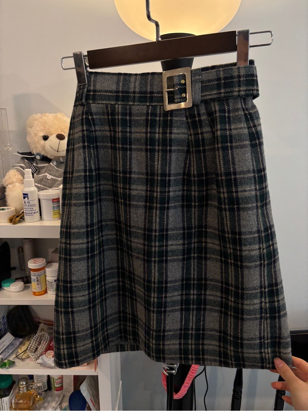 Plaid Belted A-Line Skirt -Green/Black